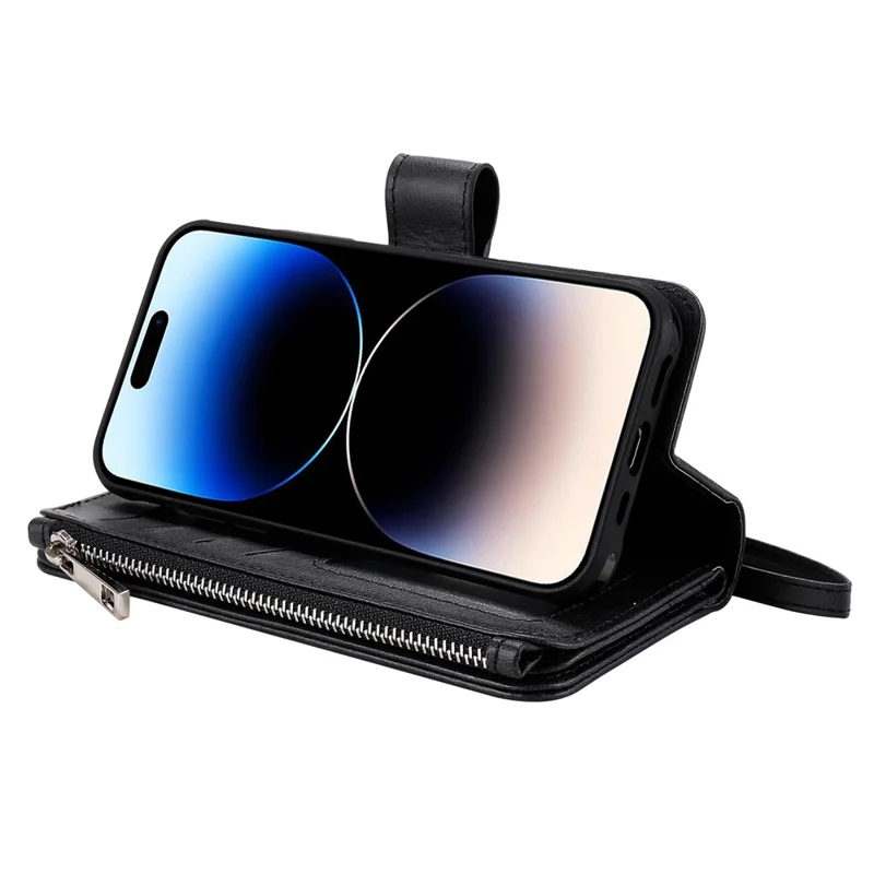 For iPhone 14 Pro Max Magnetic Leather Case Mobile Cover with Detachable Zipper Wallet Strap - Black