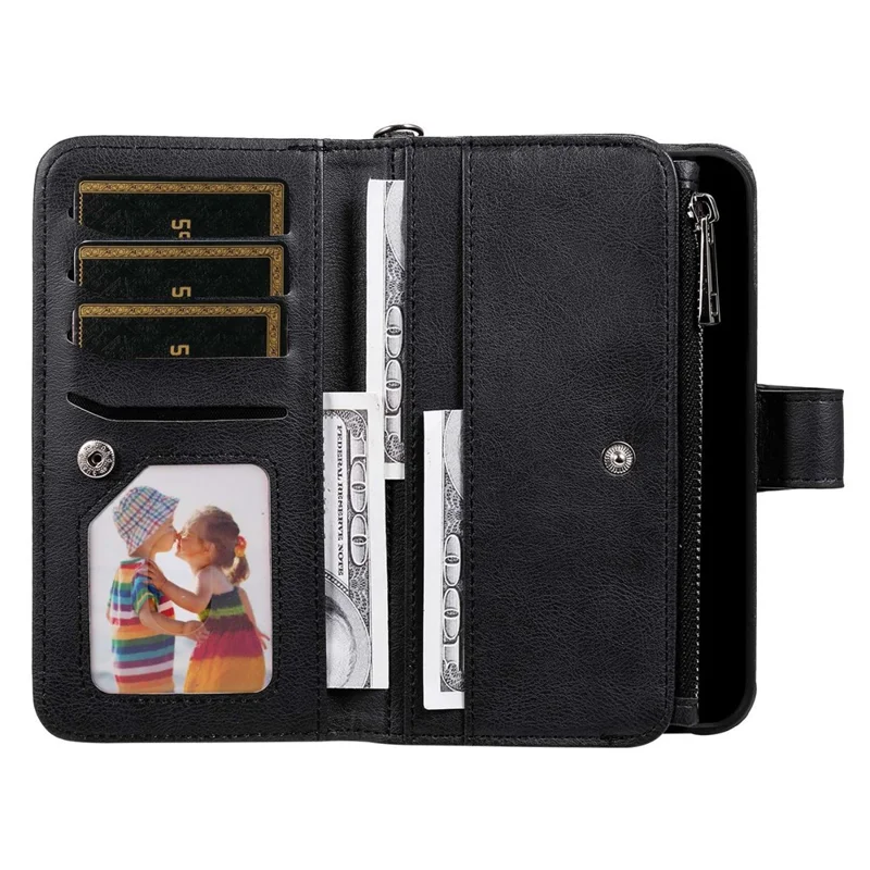 For iPhone 14 Pro Max Magnetic Leather Case Mobile Cover with Detachable Zipper Wallet Strap - Black