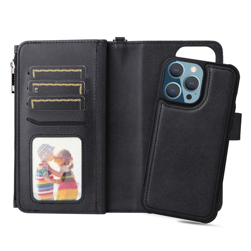 For iPhone 14 Pro Max Magnetic Leather Case Mobile Cover with Detachable Zipper Wallet Strap - Black