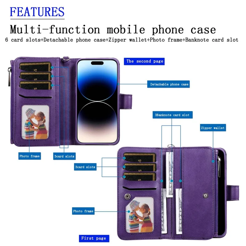For iPhone 14 Pro Max Magnetic Leather Case Mobile Cover with Detachable Zipper Wallet Strap - Black