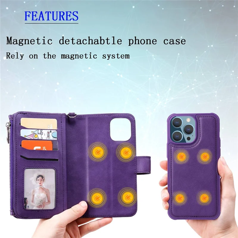 For iPhone 14 Pro Max Magnetic Leather Case Mobile Cover with Detachable Zipper Wallet Strap - Black