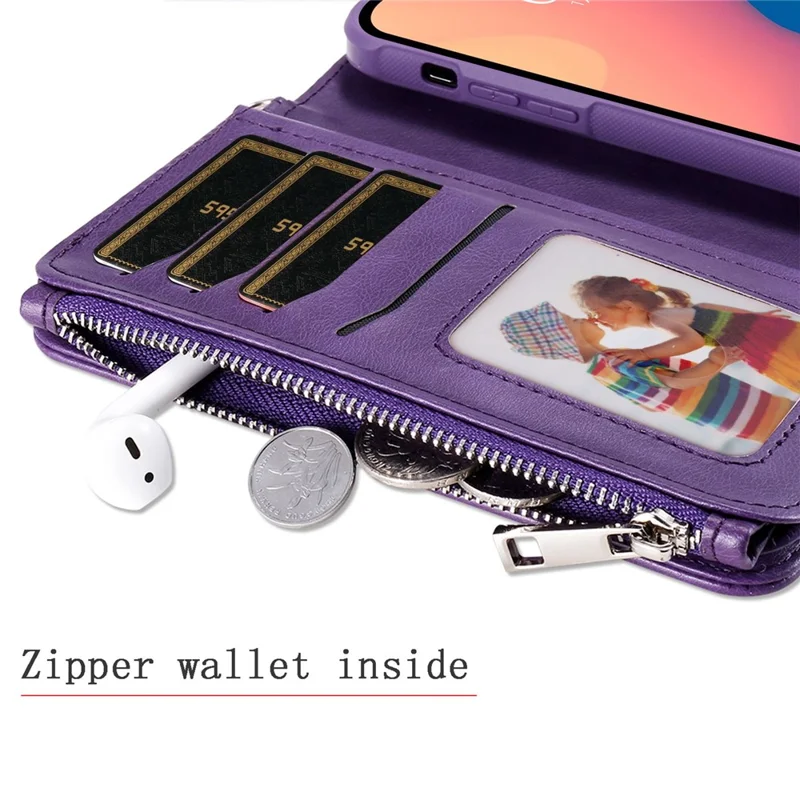 For iPhone 14 Pro Max Magnetic Leather Case Mobile Cover with Detachable Zipper Wallet Strap - Black