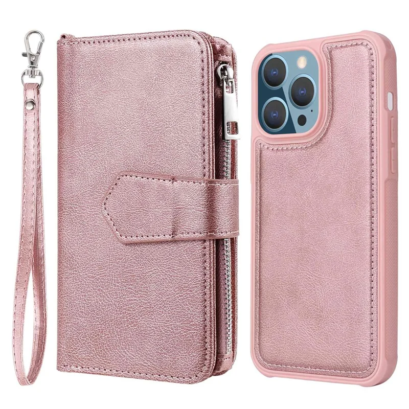 Cover magnetica in pelle per iPhone 14 Pro Max con portafoglio rimovibile e cinturino - Oro rosa
