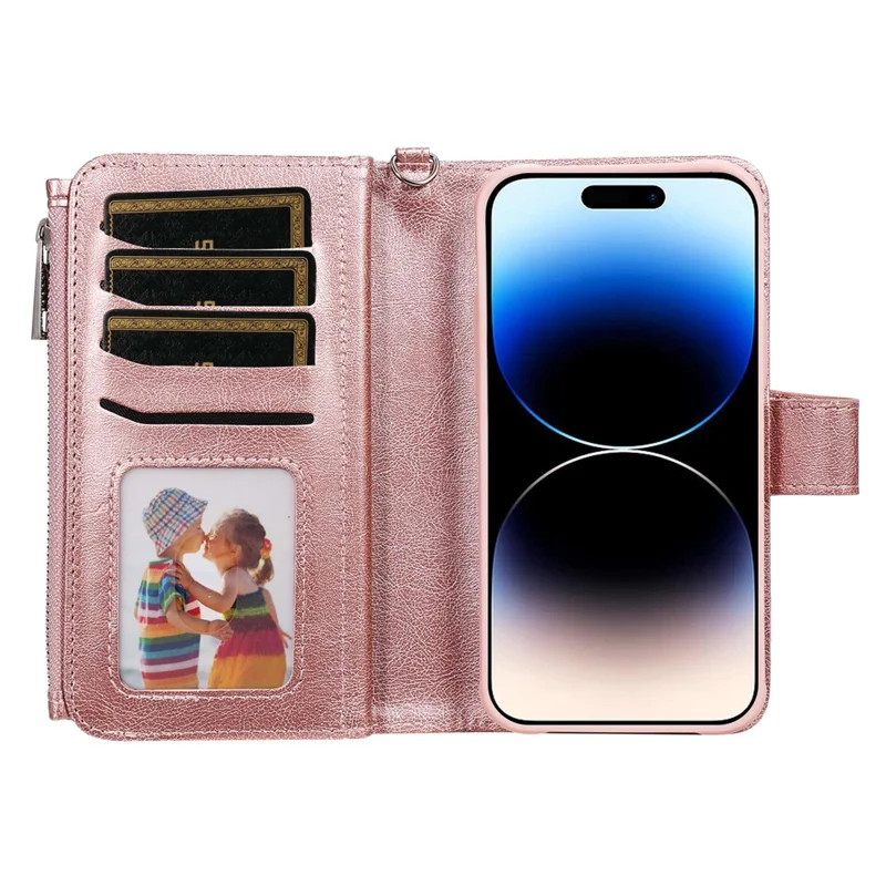 Cover magnetica in pelle per iPhone 14 Pro Max con portafoglio rimovibile e cinturino - Oro rosa