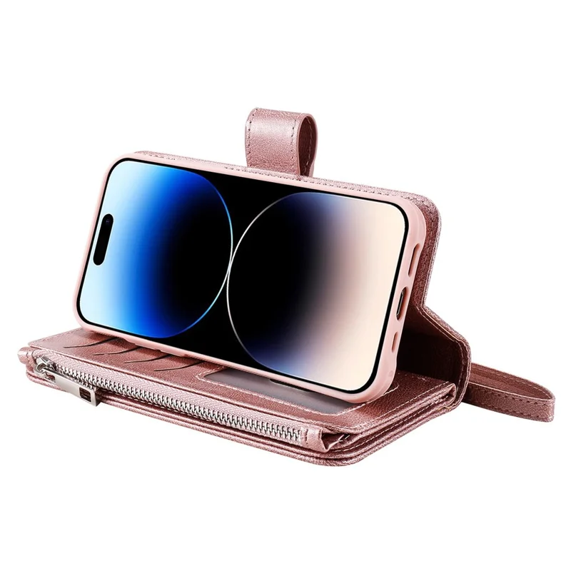 Cover magnetica in pelle per iPhone 14 Pro Max con portafoglio rimovibile e cinturino - Oro rosa