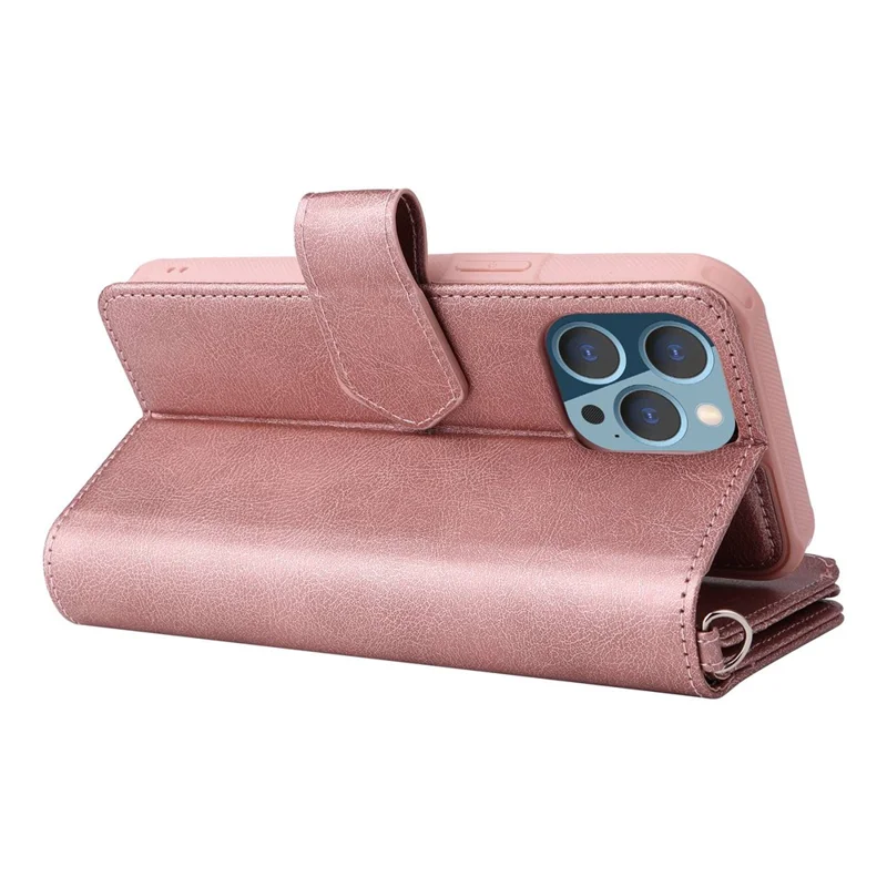 Cover magnetica in pelle per iPhone 14 Pro Max con portafoglio rimovibile e cinturino - Oro rosa