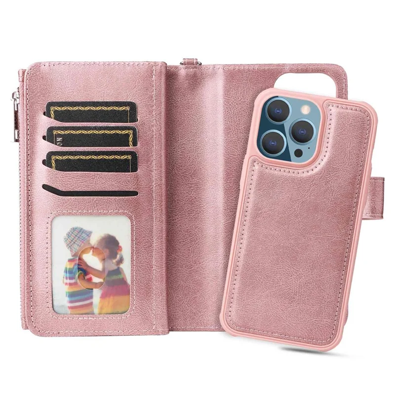 Cover magnetica in pelle per iPhone 14 Pro Max con portafoglio rimovibile e cinturino - Oro rosa