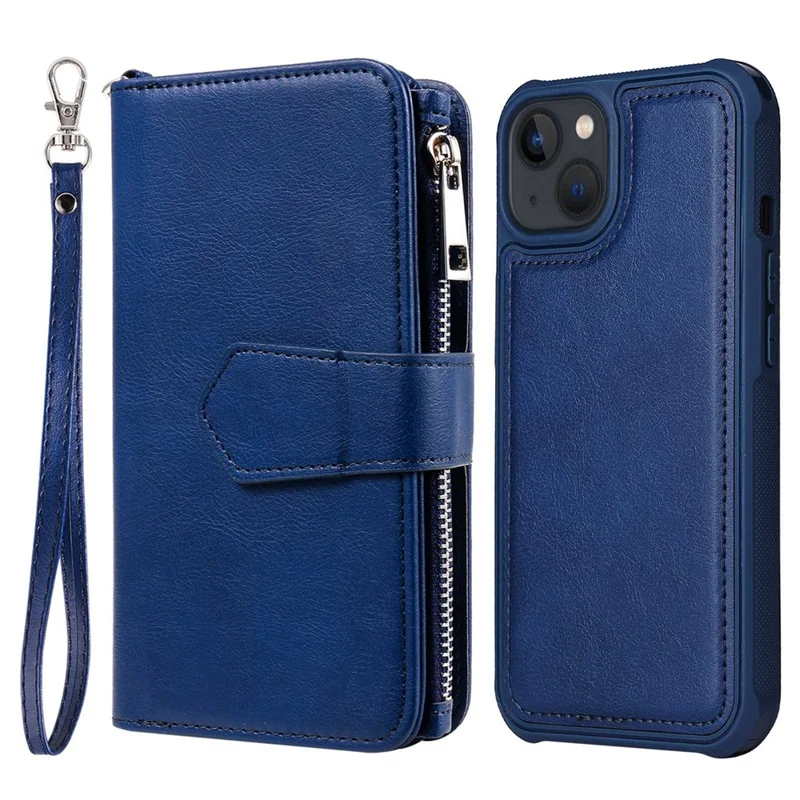 For iPhone 14 Magnetic Leather Case Mobile Cover with Detachable Zipper Wallet Strap - Blue