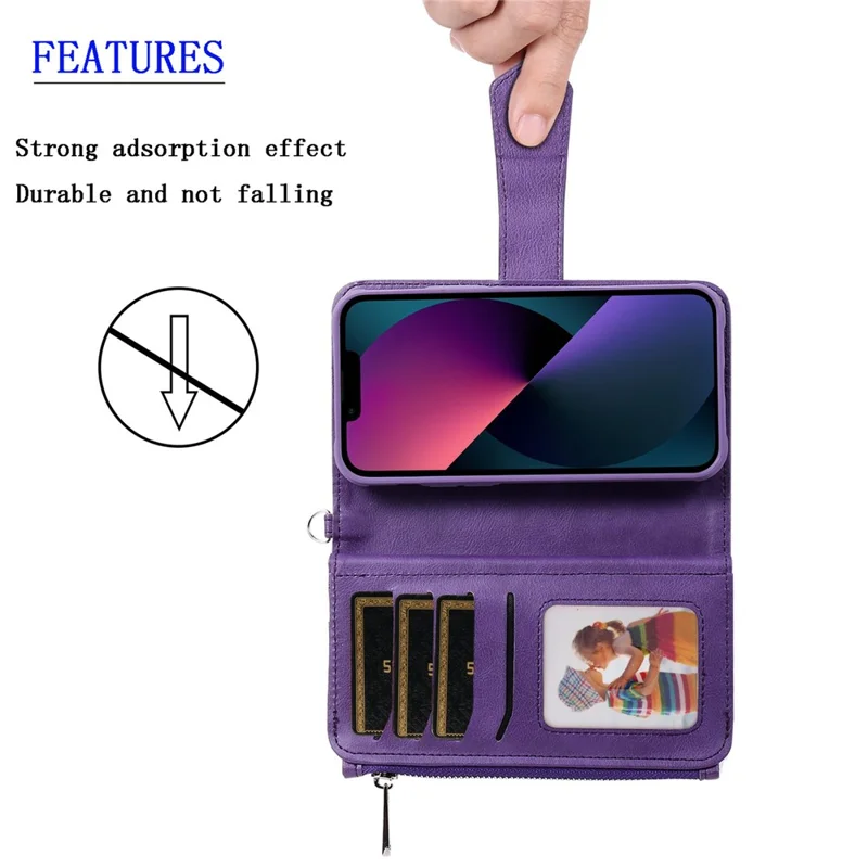 For iPhone 14 Magnetic Leather Case Mobile Cover with Detachable Zipper Wallet Strap - Blue