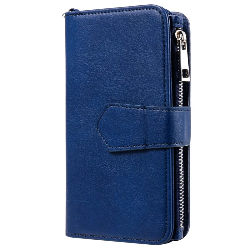 For iPhone 14 Magnetic Leather Case Mobile Cover with Detachable Zipper Wallet Strap - Blue
