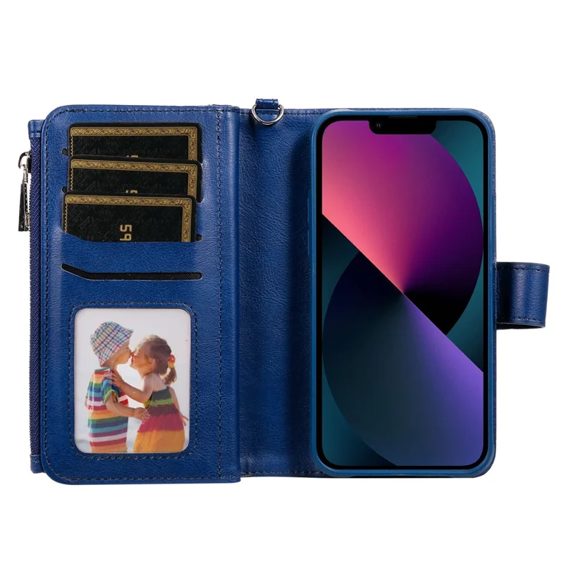 For iPhone 14 Magnetic Leather Case Mobile Cover with Detachable Zipper Wallet Strap - Blue