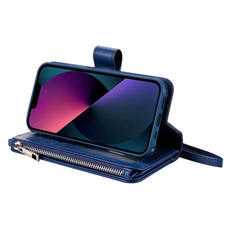 For iPhone 14 Magnetic Leather Case Mobile Cover with Detachable Zipper Wallet Strap - Blue