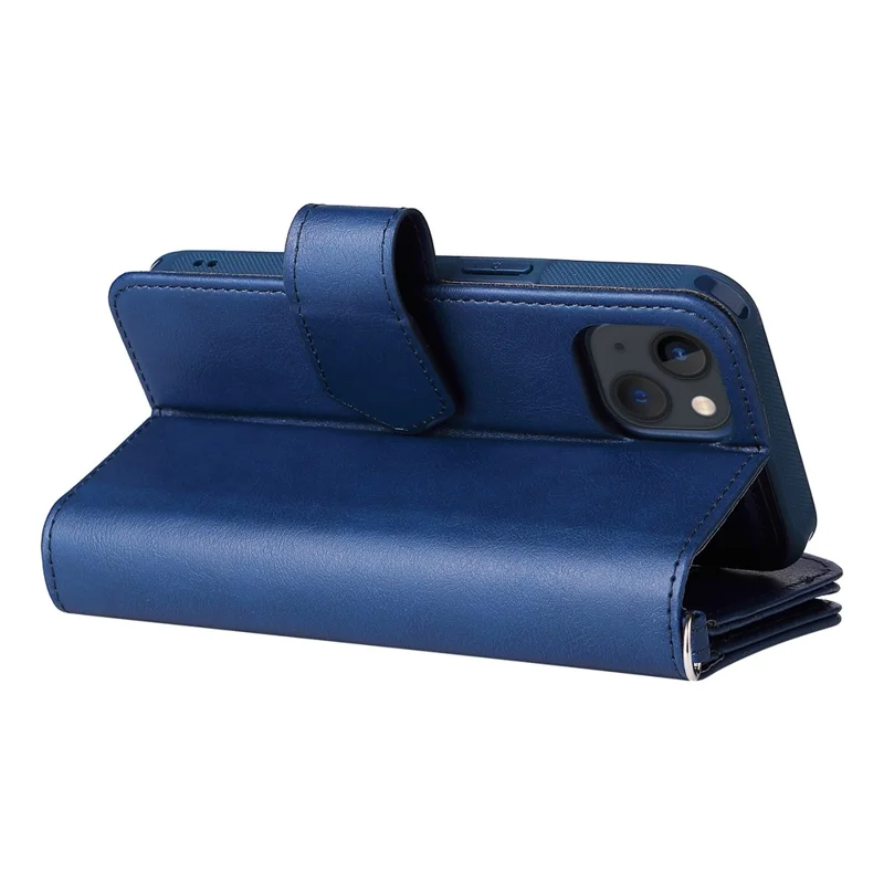 For iPhone 14 Magnetic Leather Case Mobile Cover with Detachable Zipper Wallet Strap - Blue