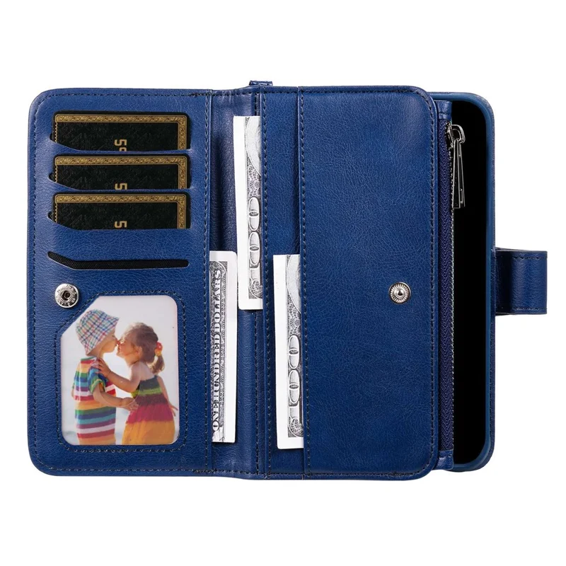 For iPhone 14 Magnetic Leather Case Mobile Cover with Detachable Zipper Wallet Strap - Blue