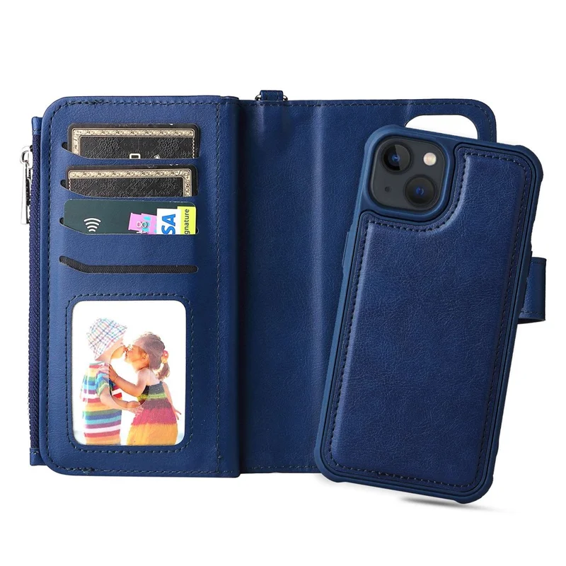For iPhone 14 Magnetic Leather Case Mobile Cover with Detachable Zipper Wallet Strap - Blue