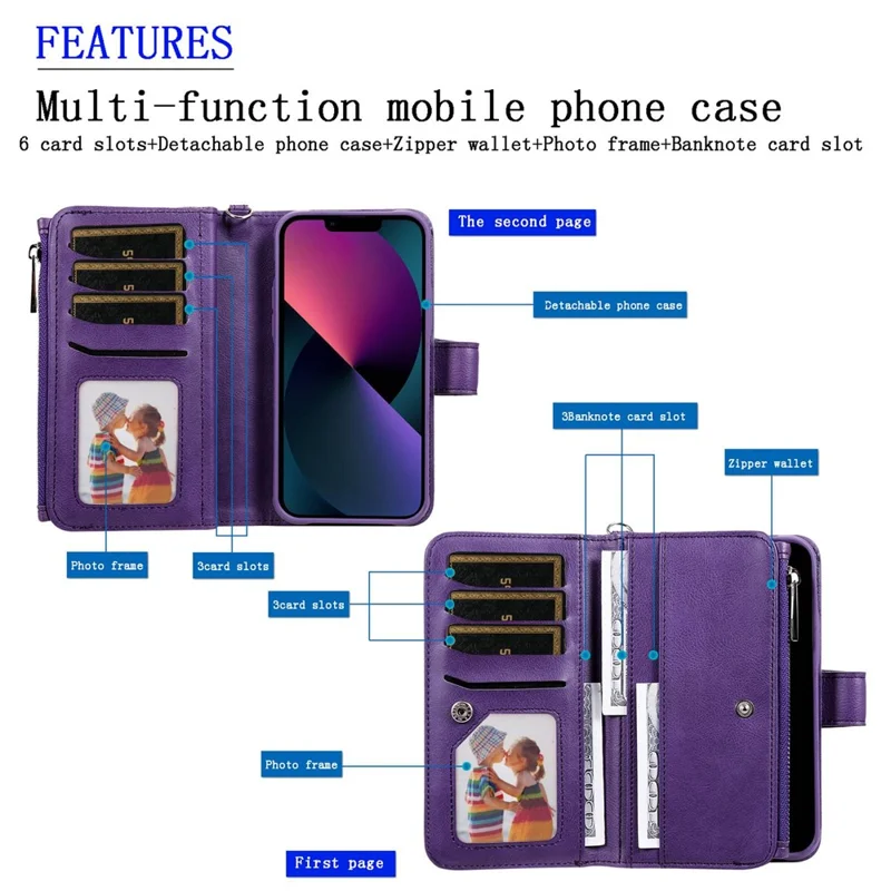 For iPhone 14 Magnetic Leather Case Mobile Cover with Detachable Zipper Wallet Strap - Blue