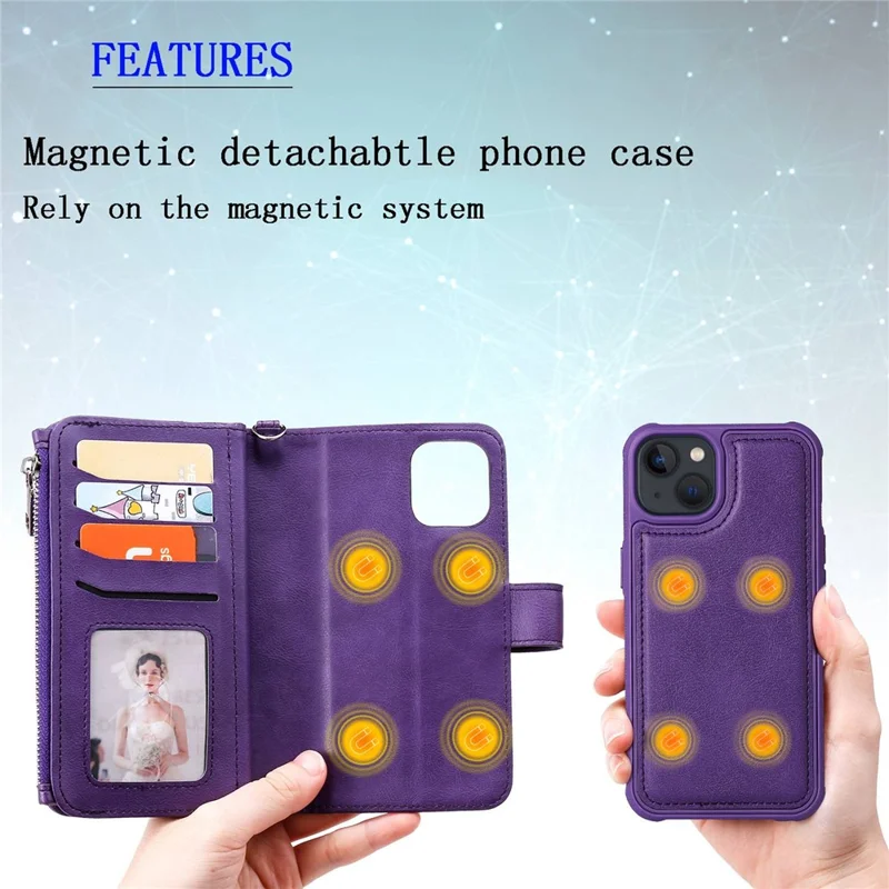 For iPhone 14 Magnetic Leather Case Mobile Cover with Detachable Zipper Wallet Strap - Blue