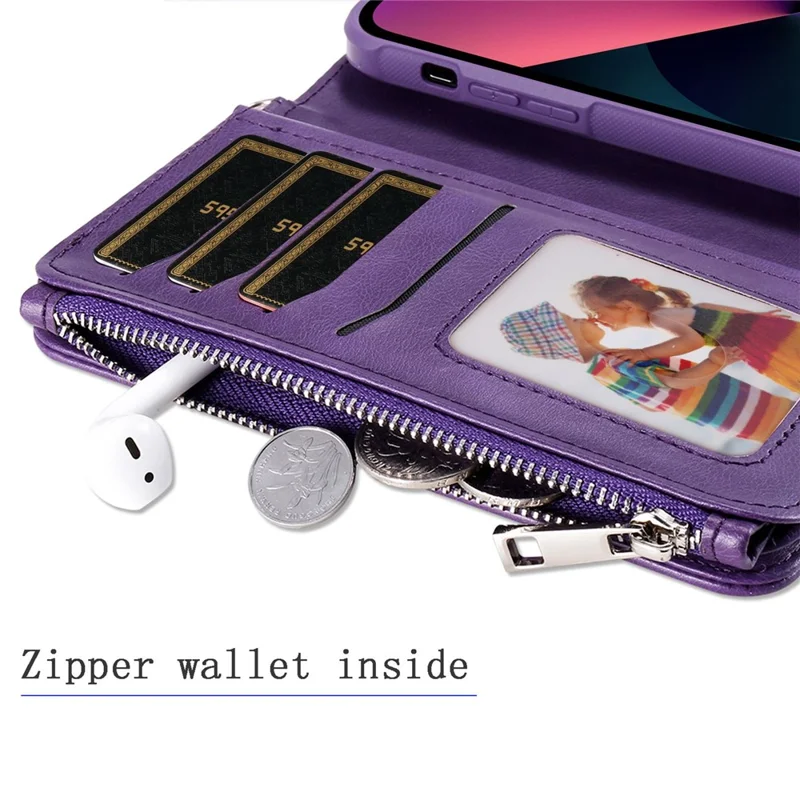 For iPhone 14 Magnetic Leather Case Mobile Cover with Detachable Zipper Wallet Strap - Blue