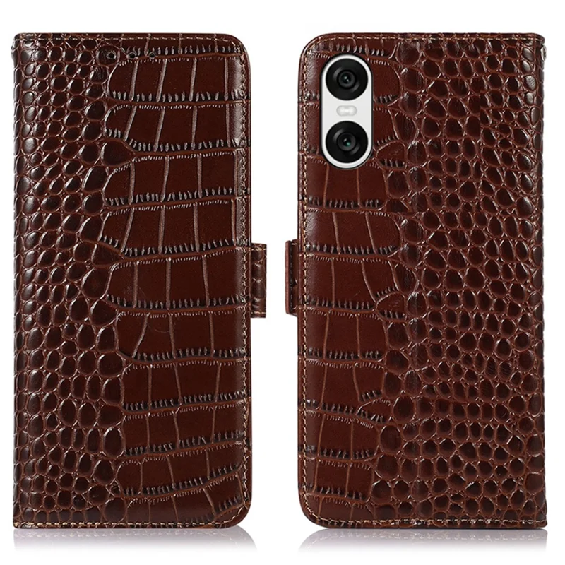 For Sony Xperia 10 VI Case Crocodile Texture Genuine Cow Leather Phone Wallet Cover - Brown