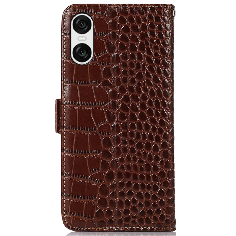 For Sony Xperia 10 VI Case Crocodile Texture Genuine Cow Leather Phone Wallet Cover - Brown