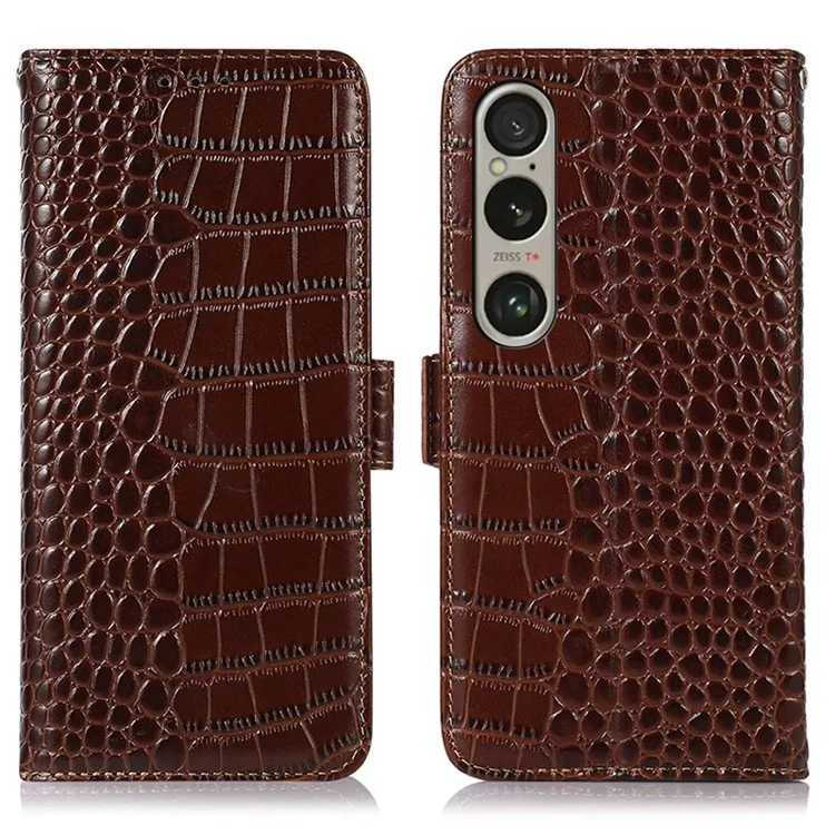 For Sony Xperia 1 VI Case Genuine Cow Leather Phone Cover with RFID Blocking Wallet - Brown