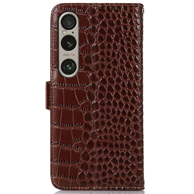 For Sony Xperia 1 VI Case Genuine Cow Leather Phone Cover with RFID Blocking Wallet - Brown