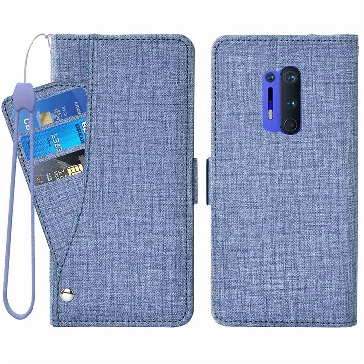 Cubierta de Cuero de Textura de Tela de Jeans Para OnePlus 8 Pro, Multifunción Ranura Giratoria Ranura Phone Willet Case - Azul