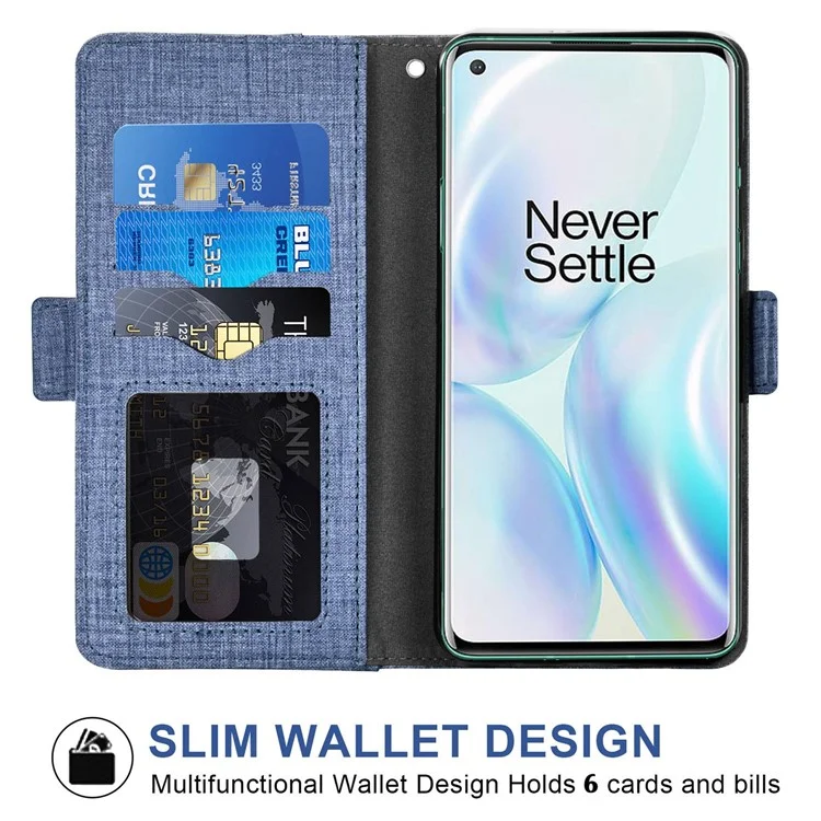 Cubierta de Cuero de Textura de Tela de Jeans Para OnePlus 8 Pro, Multifunción Ranura Giratoria Ranura Phone Willet Case - Azul