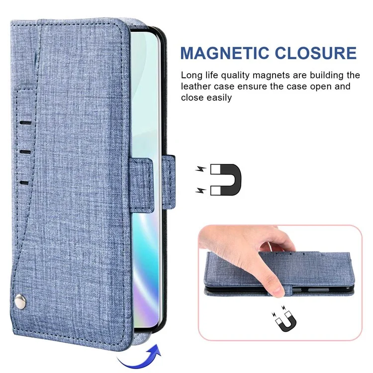 Cubierta de Cuero de Textura de Tela de Jeans Para OnePlus 8 Pro, Multifunción Ranura Giratoria Ranura Phone Willet Case - Azul