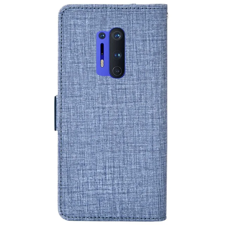 Cubierta de Cuero de Textura de Tela de Jeans Para OnePlus 8 Pro, Multifunción Ranura Giratoria Ranura Phone Willet Case - Azul