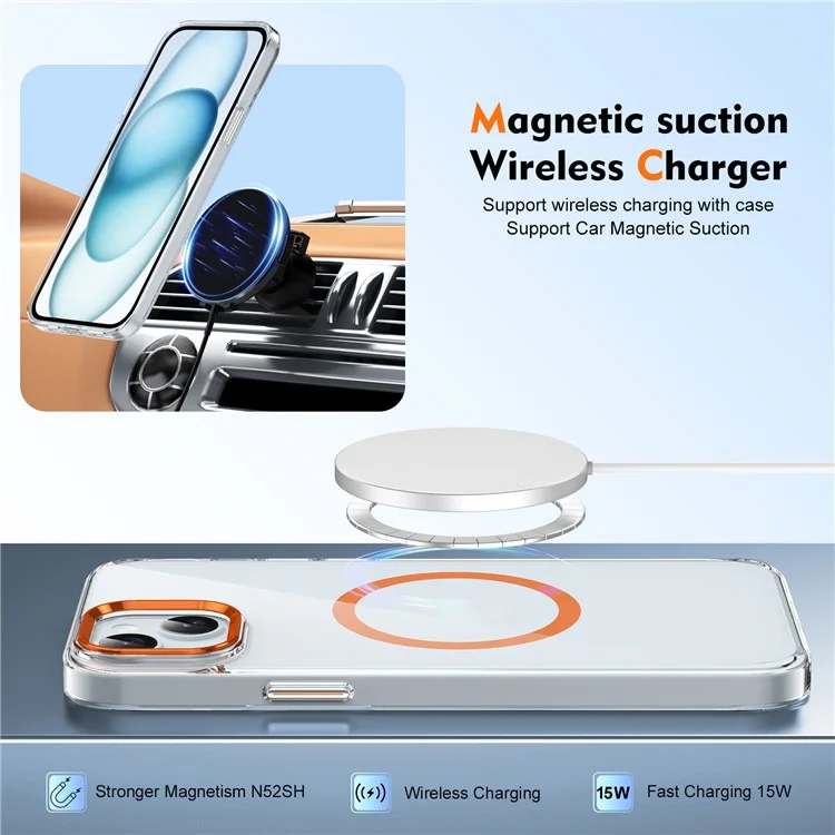 For iPhone 15 Case Compatible with MagSafe Clear Drop Protection Hard PC Cell Phone Cover - Orange