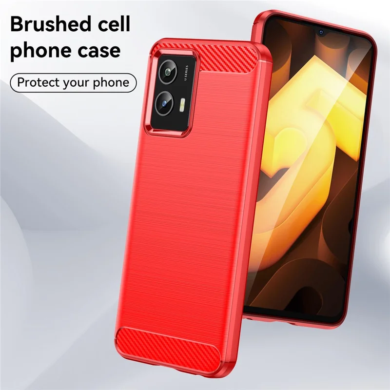 For vivo Y30 5G Carbon Fiber Texture Drop-proof Flexible TPU Back Cover Brushed Phone Case - Red