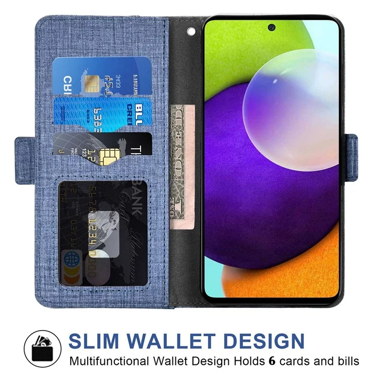 Per Samsung Galaxy A33 5G Jeans Cloth Texture PU Leather Wallet Case Stand Magnetic Clasp Phone Cover con Rotating Card Slot - Blu