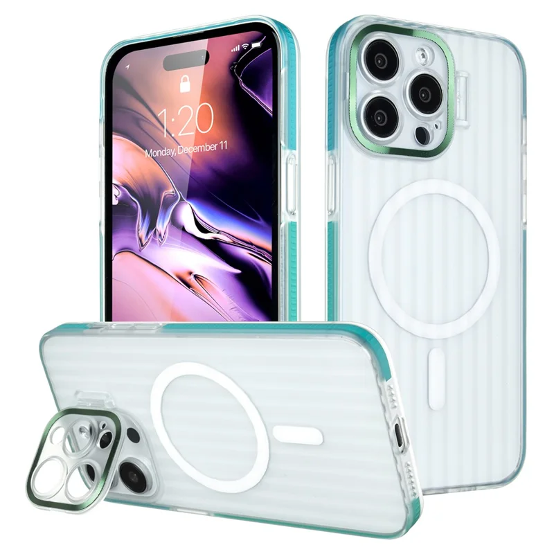 For iPhone 15 Pro Max Magnetic Case Strip Pattern PC+TPU Phone Cover Lens Cap Kickstand - Blue