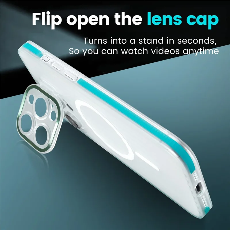 For iPhone 15 Pro Max Magnetic Case Strip Pattern PC+TPU Phone Cover Lens Cap Kickstand - Blue