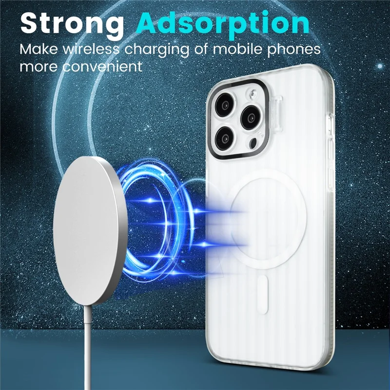 For iPhone 15 Pro Max Magnetic Case Strip Pattern PC+TPU Phone Cover Lens Cap Kickstand - Blue