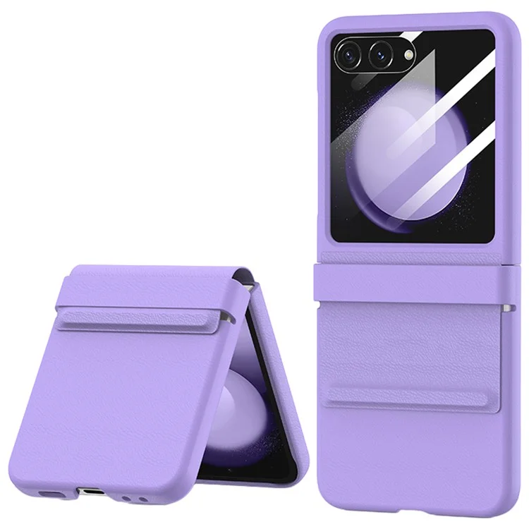 Für Samsung Galaxy Z Flip5 5G Case Scharnierschutz Leder+PC Handyhülle mit Rückseiten-Bildschirmfolie - Lila