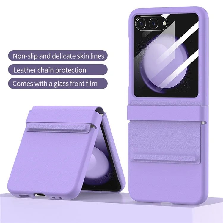 Für Samsung Galaxy Z Flip5 5G Case Scharnierschutz Leder+PC Handyhülle mit Rückseiten-Bildschirmfolie - Lila