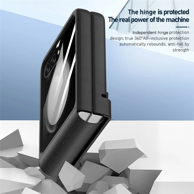 Für Samsung Galaxy Z Flip5 5G Case Scharnierschutz Leder+PC Handyhülle mit Rückseiten-Bildschirmfolie - Lila