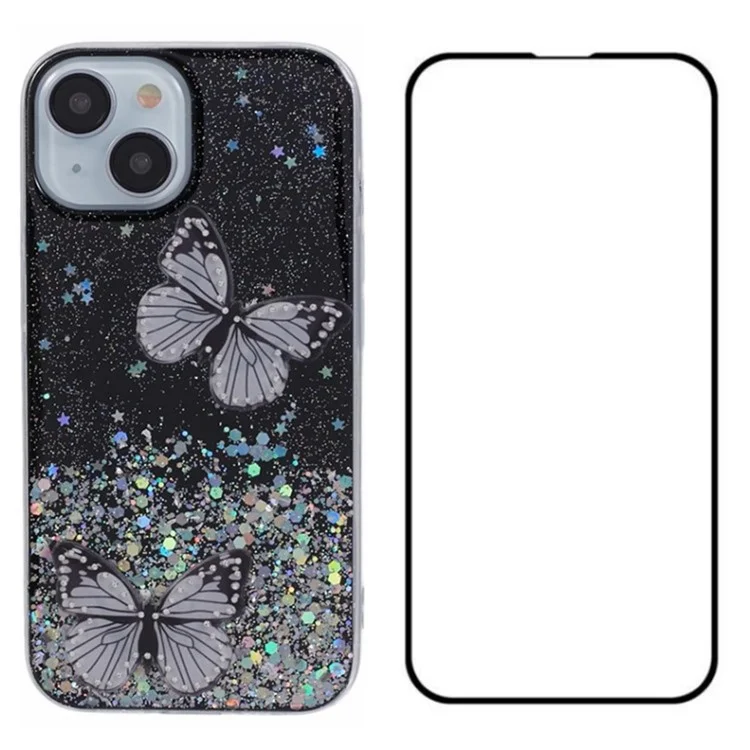 WANLONFENG AW Series para iPhone 15 Plus Case Butterfly Glitter Bling TPU Capa de Telefone com Filme HD - Preto