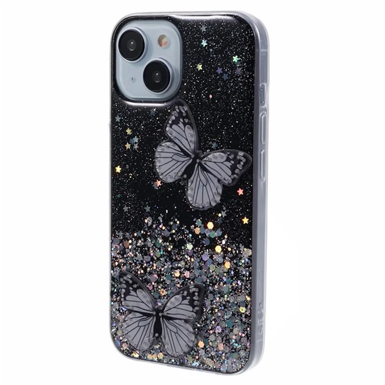 WANLONFENG AW Series para iPhone 15 Plus Case Butterfly Glitter Bling TPU Capa de Telefone com Filme HD - Preto