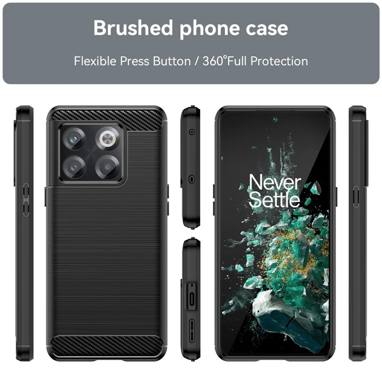 Custodia per telefono con texture in fibra di carbonio per OnePlus 10T 5G, custodia in TPU morbido aderente, anti-polvere e spazzolata - Nero