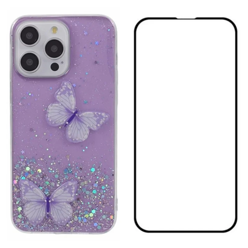 WANLONFENG serie AW per iPhone 14 Pro Case Bling Butterfly TPU 2-in-1 Cover per telefono con pellicola protettiva per schermo - Viola