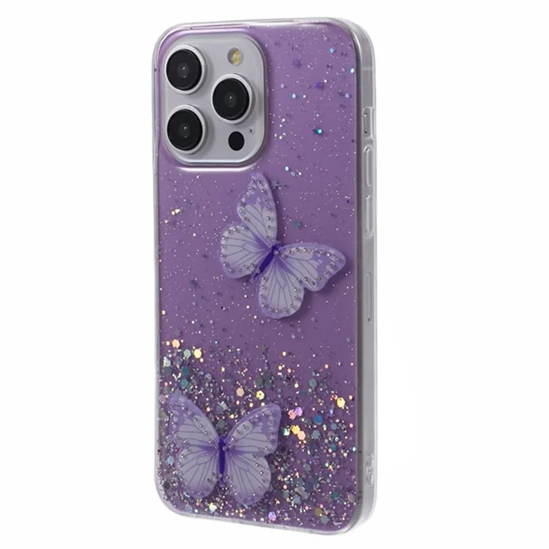 WANLONFENG serie AW per iPhone 14 Pro Case Bling Butterfly TPU 2-in-1 Cover per telefono con pellicola protettiva per schermo - Viola