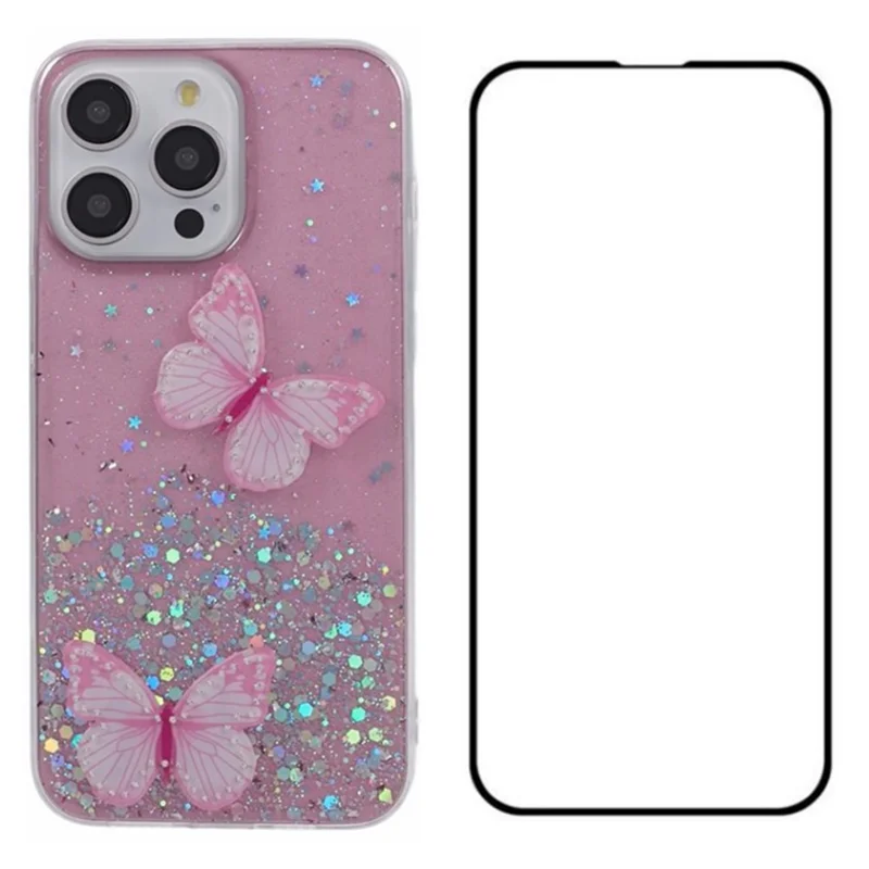 WANLONFENG AW Series for iPhone 12 Pro Max TPU Case with Screen Protector Butterfly Aesthetic Phone Cover - Pink