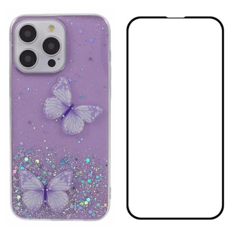 WANLONFENG AW Series for iPhone 13 Pro Case 3D Butterfly Decor TPU Phone Cover with Screen Protector - Purple