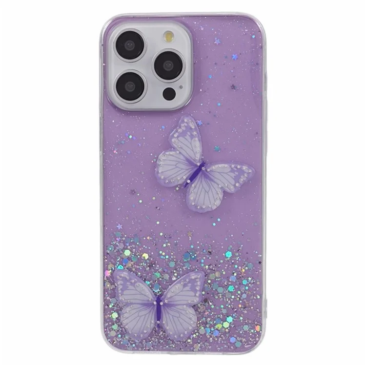 WANLONFENG AW Series for iPhone 13 Pro Case 3D Butterfly Decor TPU Phone Cover with Screen Protector - Purple