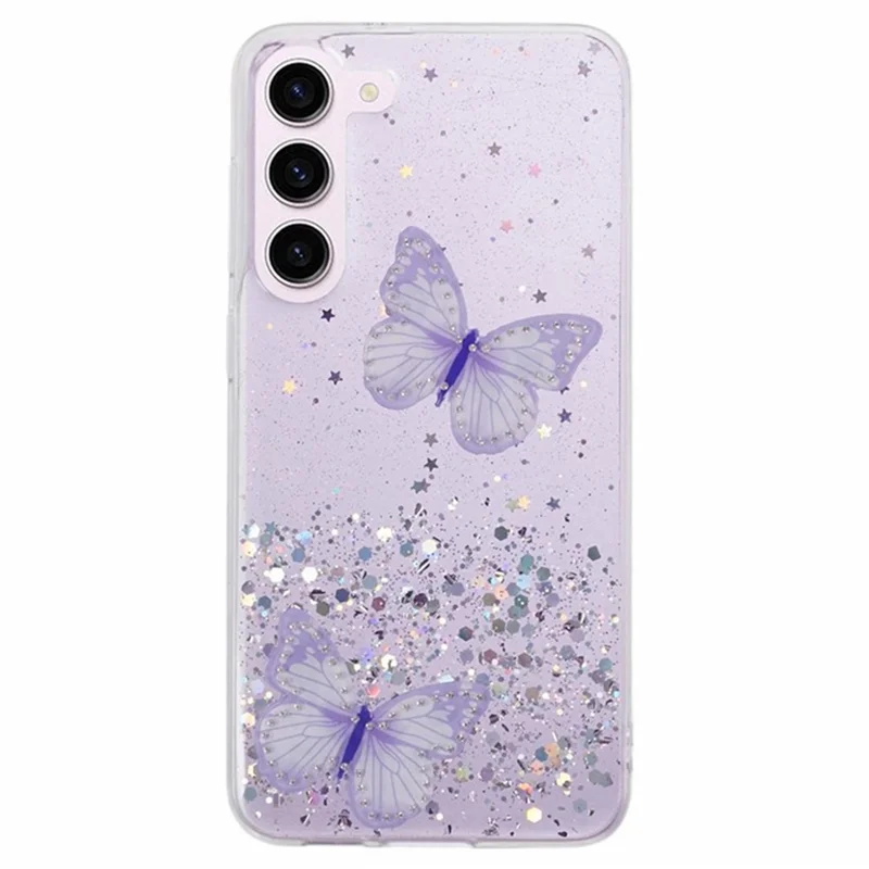 WANLONFENG Série AW para Samsung Galaxy S23 Case com Protetor de Tela TPU Capa de Telefone 3D Borboleta Glitter Lantejoulas - Roxo