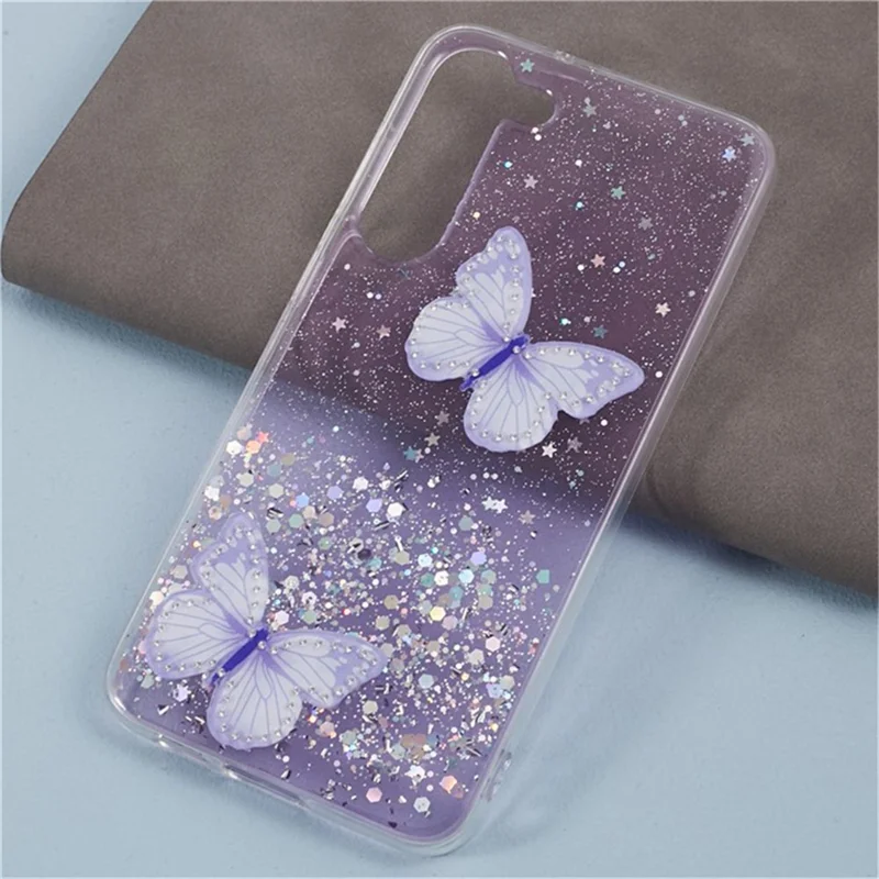 WANLONFENG Série AW para Samsung Galaxy S23 Case com Protetor de Tela TPU Capa de Telefone 3D Borboleta Glitter Lantejoulas - Roxo