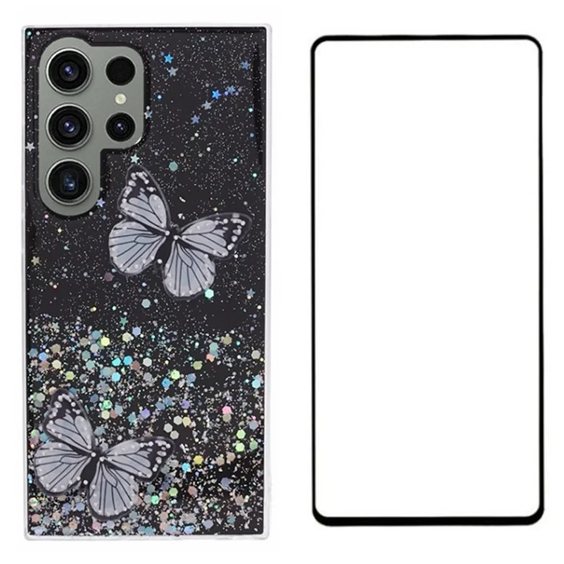 WANLONFENG AW Series for Samsung Galaxy S24 Ultra Case Butterfly TPU Epoxy Phone Cover with Screen Protector - Black